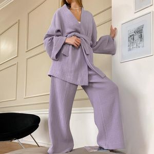 Kvinnors sömnkläder Kvinnor Pyjamas Set Cotton Soft Long Sleeve Sleep Robe With Belt Trousers 2 Pieces Passar Kimono Style Matching Set