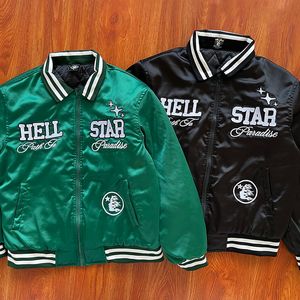 Tendência européia americana Hellstar PATH TO PARADISE BOMBER Jaqueta de beisebol bordada Verde preto seda jaqueta de tecido liso Homens Mulher Jaqueta com capuz Outwear SMLXL