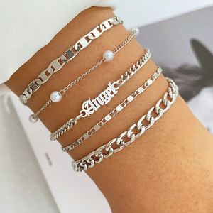 Beaded Bangle IPARAM 5PCS/Set Fashion Bracelets for Women Letters ANGEL Cuban Chain Irregular Thin Chains Metal Pearl Bracelet Trendy Jewelry 230925