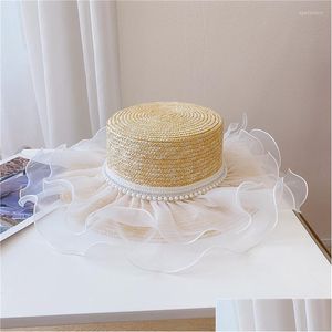 Wide Brim Hats Omea Wheat St Hat Beach Summer Pearl Hemming Double Layers White Gauze Lace Elegant Korean Fashion Visor Luxury Cap Dro Dhoqh