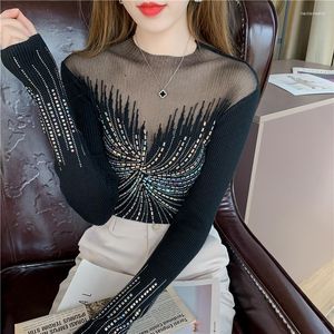 Damenpullover Sexy Strass-Mesh-Pullover Frauen Herbst Winter Langarm Rollkragenpullover Slim Fit Durchsichtige Strickwaren Top-Kleidung