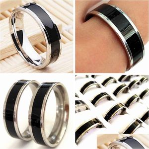 Band Rings 30Pcs Width 6Mm Black Enamel Comfort-Fit Men Women Stainless Steel Man Classic Finger Party Wholesale Jewelry Drop Delivery Dhjga