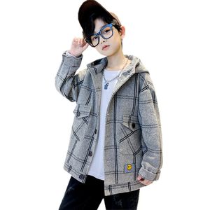 Coat Arrival Teen Boys Spring Autumn Hooded Wool Blends 2023 Fashion Plaid SingleBreasted Clothes Children's Outdoor Jacket 230926