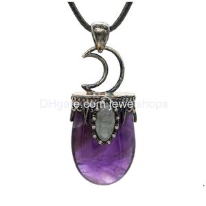 Pendant Necklaces Flat Oval Stone Antique Sier Plated Crown Moon Charm Accessory Plus Labradorite Bead Necklace With Leather Chain Dro Dhoih