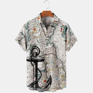 DIY Clothing Customized Tees & Polos Map navigation anchor Sleeved cardigan printed men's shirt Foreign trade fashion casual trend lapel top