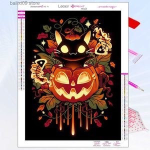 Målningar 5D DIY Halloween Diamond Målning Ny 2023 Cartoon Kitten Horror Pumpkin Comic Diamonds Mosaic Embroidery Kits Home Decor Presents T230926