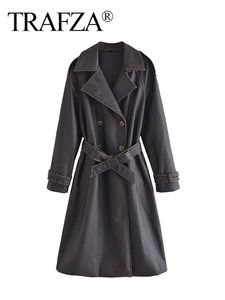 Damen Wollmischungen TRAFZA Mode Gürtel V-Ausschnitt Langarm Lose Jacke Mantel Herbst gewaschen Kunstleder Windjacke 230925