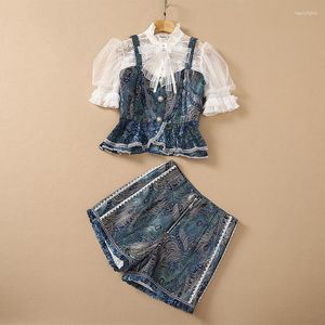 Women's Tracksuits European And American Wear For Summer 2023 Short Sleeved Shirt With Lace Bow Peacock Feather Print Shorts Fashion Suits