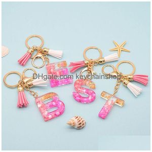 Nyckelringar Fashion 26 Bokstäver Harts Keychains For Women Tassel Pendant Chains Glitter Keyring Holder Charms Handväsktillbehör Drop de Dhyiz