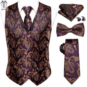 Men's Vests Hi-Tie Purple Paisley Silk Mens Vest With Matching Tie Bowtie Hanky Cufflinks Set Jacquard Suit Waistcoat Sleeveless Jacket Gift