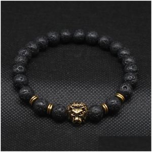Perlen Großhandel Löwenkopf steht Armbänder Schmuck Schwarz Lava Stein Armband für Männer Frauen Drop Lieferung Dhf4J
