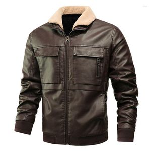 Mäns päls 2023 Autumn Winter Leather Jacket Men krage Motorcykel Multi-Pocket Fleece Jackets rockar