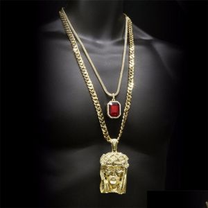 Diğer Mücevher Setleri Hip Hop Altın Taçlandırılmış İsa Kafa Çakan Kare Gem Kristal Çift Kondlar Kolyeler Set Küba Zinciri Damla Dh5VW