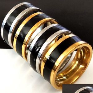 バンドリング30pcs/lot Gold Sierステンレススチールバンド8mm快適さフィット最高品質のブラックエナメルメンズリング卸売男性ドロップデリヴデニー