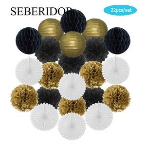 Other Event Party Supplies Gold Black White Set Round Paper Ball Lantern Tissue Fans 8" 10" 12" For Christmas Wedding Baptism Birthday Holiday Party Decor 230926