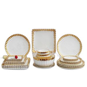 Handmade Gold plated Ceramic plate Set with Flower Lace for Living Room Dinner, Afternoon Tea, Fruit Salad and More