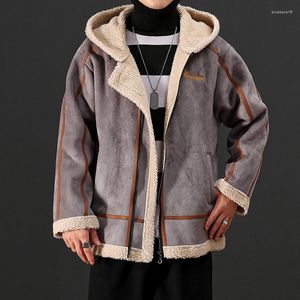 Męska wełniana jesienna zima trend puszysty moda mody pluszowe płaszcze męskie polaru z kapturem swobodne kurtki streetwearu długim rękawem
