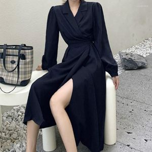 Sıradan Elbiseler Kadın Sonbahar Kış Takım Elbise Rüzgar Dergisi Uzun Kollu Kadın Moda Zarif Katı Yaka Bel Banliyö A-Line