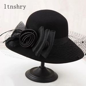 Berretti Donna Elegante Feltro di Lana Cappello Fedora a Tesa Larga Cloche Bombetta Autunno Inverno Cappelli da Chiesa Chapeau Femme Berretti Vino Rosso Nero 230926