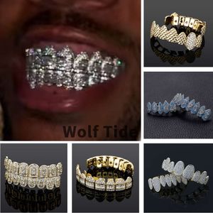 Ghiacciato Zirconi cubici Denti dentali Griglie Oro 18 carati Hip Hop Bocca Fang Grillz Bing Bling Diamante Vampiro Dente Cap Brace Halloween Rapper Bijoux Gioielli penetranti