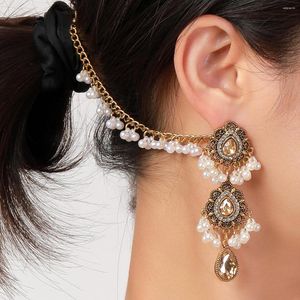 Stud Earrings Boho Water Drop Long Link Headdress For Women Luxury Crystal Flowers Pearl Tassel Wedding Jewelry