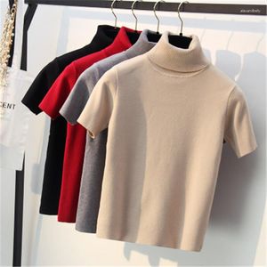 Kvinnors tröjor 2023 Spring stickade toppar Kvinnor Kort ärm T-shirt Autumn Winter Turtleneck Pullovers T-shirt tee Femme Tshirt Knitwear