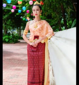 Etniska kläder Thailand Traditionell enkel axel ärmlösa toppar sjal pha sin el restaurang välkommen kostym thailändsk klänning