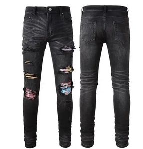 Mens Jeans için Tasarımcı Kot pantolon Uomo Mens Pantolon Delikli Nakış Patchwork Yırtıcı Marka Motosiklet Pantolonları Erkek Moda Elastik İnce Fit Pantolon Boyut