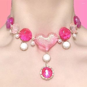 Choker Harajuku Shining Pink Love Heart Pendant Necklace For Women Sweet Vintage Romantic Pearl Beads Y2K Smycken Tillbehör