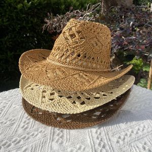 Berretti Cappello di Paglia per Donna Uomo Estate Fatto a Mano Classico Vintage Scava Fuori Berretto da Arrampicata da Pesca da Sole a Tesa Larga Arricciato Occidentale