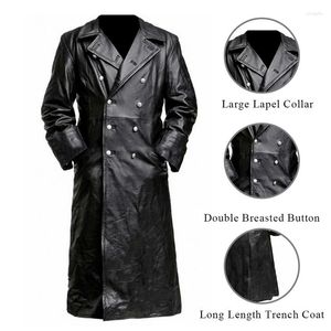 Men's Fur Winter Buttons Long Trench Men Business Outerwear Fashion Premium Officer Coat Black Vintage PU Leather Jacket Man Top Quality