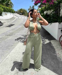 Damen Jumpsuits Strampler Cut Out Lace Up Jumpsuit Frauen Sommer 2022 Sexy Bandage V-Ausschnitt Ärmellos Weites Bein Hose Slim Streetwear Body Overalls Strampler L230926