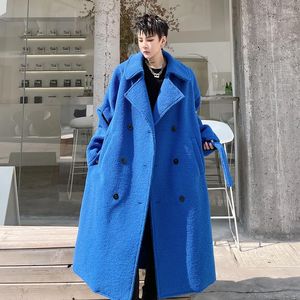 Men's Wool Fashion Blue Black Cashmere Blends Woolen Overcoat Loose Casual Outwear Thick Warm Double Breasted With Belt E41