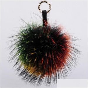 Keychains Lanyards Luxury Real Fur Key Chains Pompom Keychain 15Cm Fluffy Raccoon Ball Gold Pompon Keyring Charm Bag Pendant Giftskeyc Dhof8