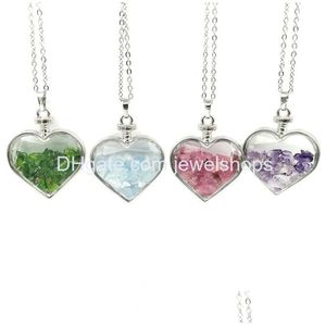 Pendant Necklaces Wish Bottle Heart Stone Natural Crystal Mineral Ornament Gravel Pendants With Brass Chain Valentines Gift For Gilrs Dhce6