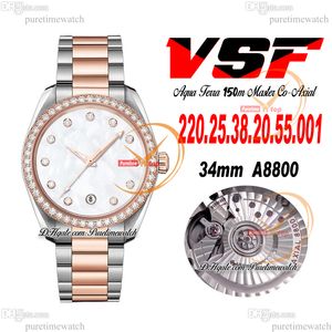 VSF Aqua Terra 150M A8800 Relógio Automático Feminino 43mm Moldura de Diamantes Dois Tons MOP Diamante Dial Pulseira de Aço Inoxidável Super Versão Relógios Femininos Puretime C3