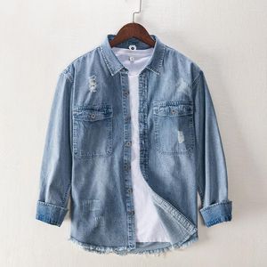 Men's Casual Shirts Retro Distressed Wash Denim Shirt Frayed Hem Cropped Shirs Long Sleeve Button Up Women Jean Jacket