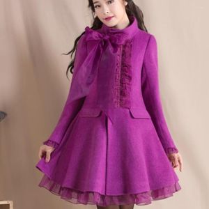 Kvinnors ull Kvinnor Big Bow Lace Patchwork Women Woolen Coat Slim Stand Collar Autumn Winter Jacket Thicken Thicken