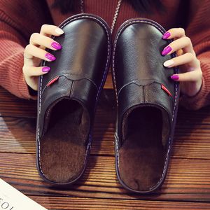 Slippers First layer cowhide slippers women and men winter indoor warm lovers thick wool anti-skid leather slippers cotton slippers women 230926