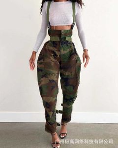 Macacões femininos macacão camuflagem impressão cintura alta suspender calças de carga moda casual primavera verão calças gerais macacões l230926