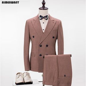 Herrdräkter blazers Aimenwant Custom Men's Suit Slim Fit Double Breasted Brown Prom Suit Blazer Fashion Man Dinner Party Dress Suits 3st 230926