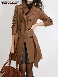 Kvinnors ull blandar Fotvotee Winter Wool Coat With Belt Women New Ladies Autumn 2023 New Slim Long Sleeve Woolen Coats Chic Overcoat Lady Clothl230926