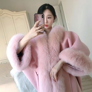 Kadınlar Kürk Koreli Sonbahar ve Kış Yakası Kapşonlu Çift Taraflı Yün Orta Uzunluk Kaşmir Kemer Ceket Pelerin