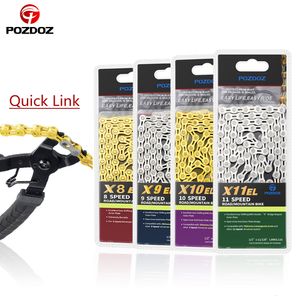 Conjuntos de grupos de bicicleta Pozdoz 8 9 10 11 12 Velocidade Corrente de bicicleta Ouro Prata HalfFull Hollow Ultralight 116L 10s 11s 12s MTB Road Chains Peças 230925