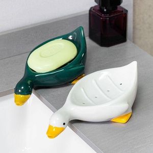 Soap Dishes Soap Dish Self Draining Soap Holder Cute Duck Shape Soap Rack for Shower Bathroom Tub Kitchen Sink Ceramic Tray Holder 230926