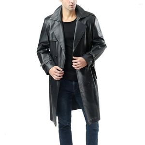 Men's Fur Autumn Winter PU Leather Jacket Mens Belt Windbreaker Casual Lapel Windproof Male Clothes Classic Knee-length Mid-length Coats