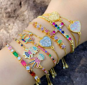 Rainbow Zircon Diamond Armband 18K Guldkedjor Pull String Justerbar Crown Heart Cross Charmband för kvinnor Fashion Jewelry