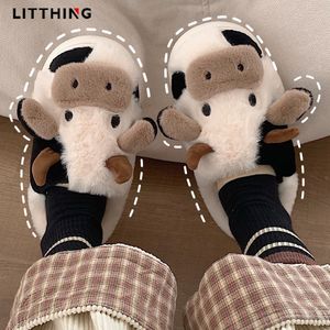 Slippers Upgrate Cute Animal Slipper Women Girls Kawaii Fluffy Winter Warm Slippers Woman Cartoon Milk Cow House Slippers Funny Shoes 230926