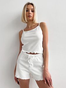 Damen-Nachtwäsche Hiloc Gestrickte Pyjamas für Frauen 2 Stück Sets 2023 Sommer Lässige Spaghetti Strap Crop Top Weibliche Anzüge mit Shorts