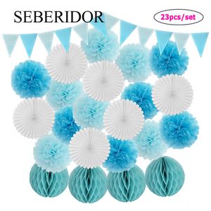 Other Event Party Supplies Kids Boy Bautizo Party Favor Blue White Set Folding Paper Fan Banner Girl 1st Birthday Wedding Decor Pompom Ball Honeycomb 230926